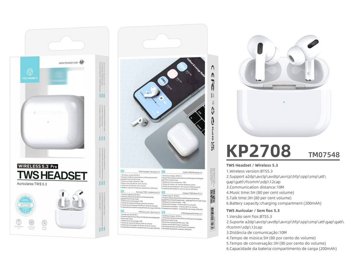 Techancy TWS Wireless Headset Pro White KP2708, Bluetooth 5.3