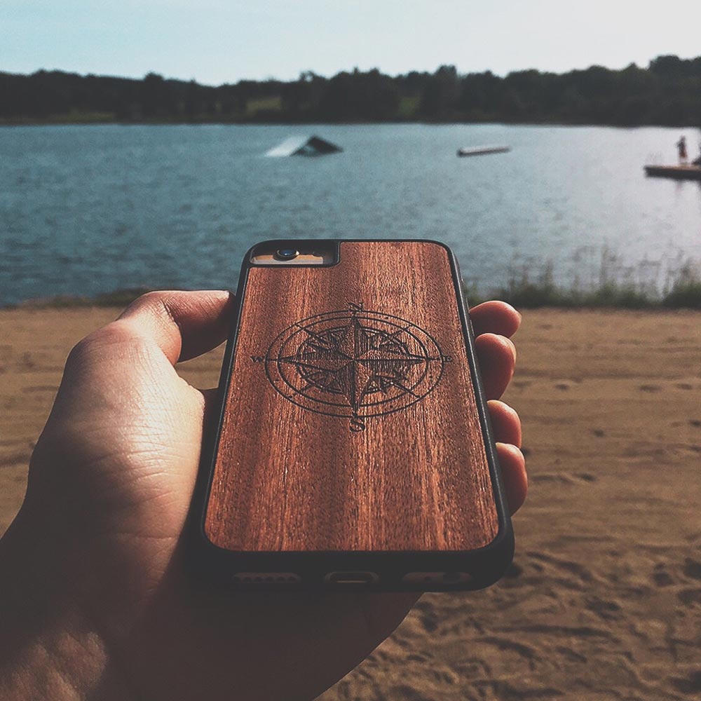Handcrafted Mahogany Wood Phone Case, Compass Edition