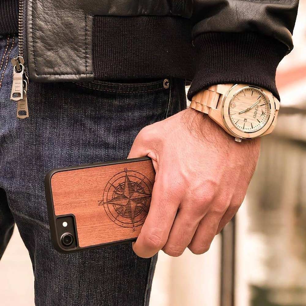 Handcrafted Mahogany Wood Phone Case, Compass Edition