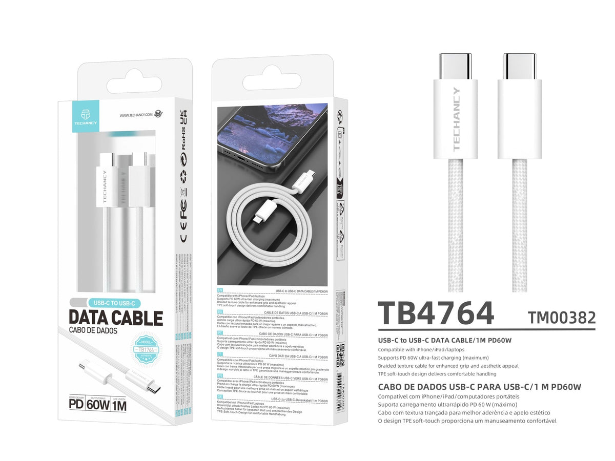 Techancy USB-C to USB-C Cable TB4764 1M PD 60W, Locked, Fast Charging